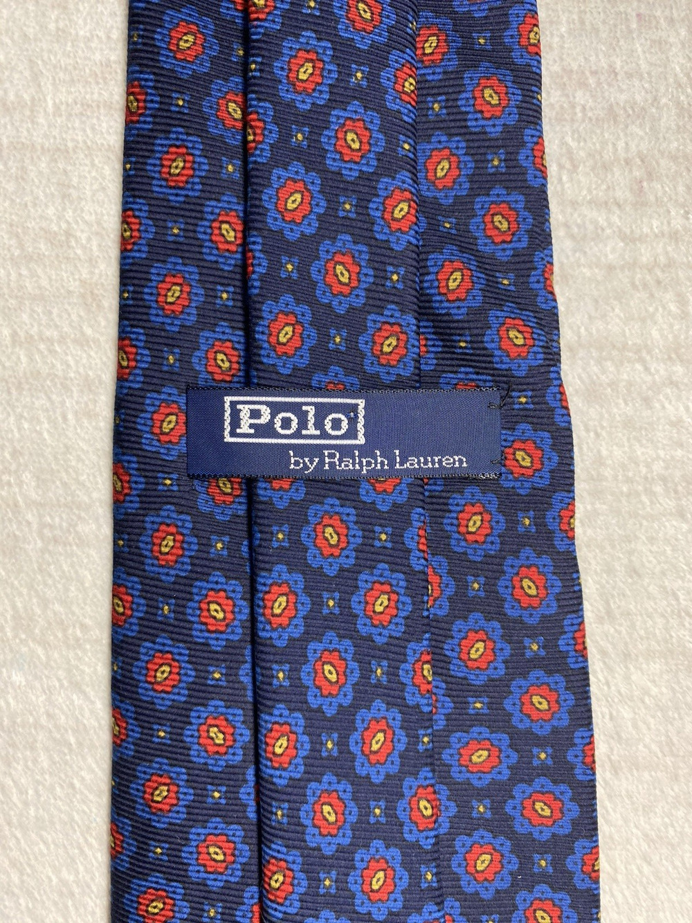 Polo Ralph Lauren Silk Tie Vintage 90s Y2K Geometric Blue & Red Floral Medallion